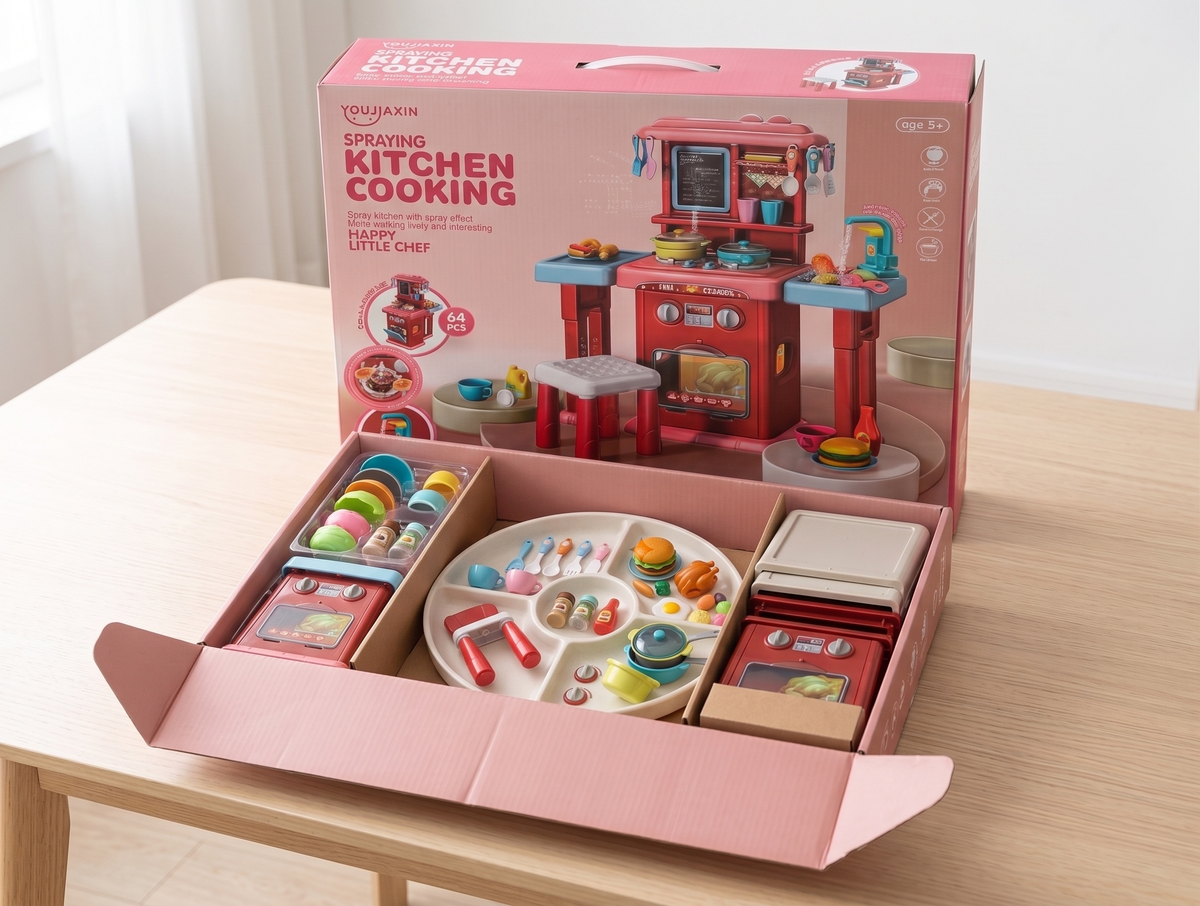 64 Pcs Kids Spraying Kitchen Cooking Set with Real Steam, Water Faucet & Chair – Pretend Play Toy for Children