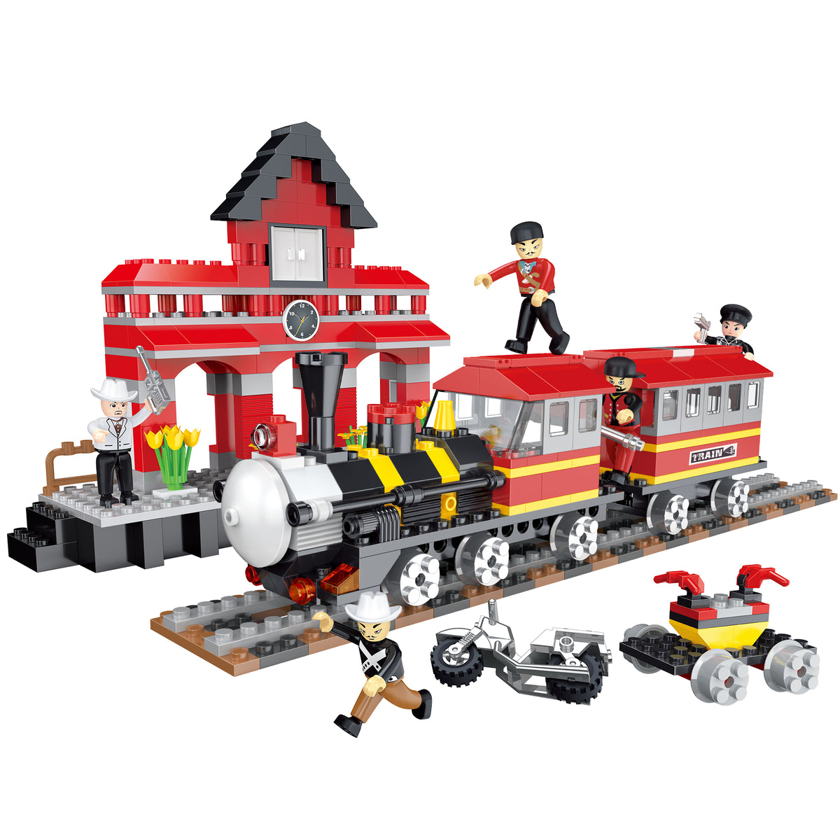 COGO Town 464 Pcs Battle at the Train Station Building Blocks Set with Train, Station & Minifigures – DIY STEM Construction Toy for Kids (Age 6+