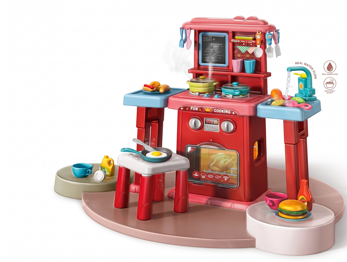 64 Pcs Kids Spraying Kitchen Cooking Set with Real Steam, Water Faucet & Chair – Pretend Play Toy for Children