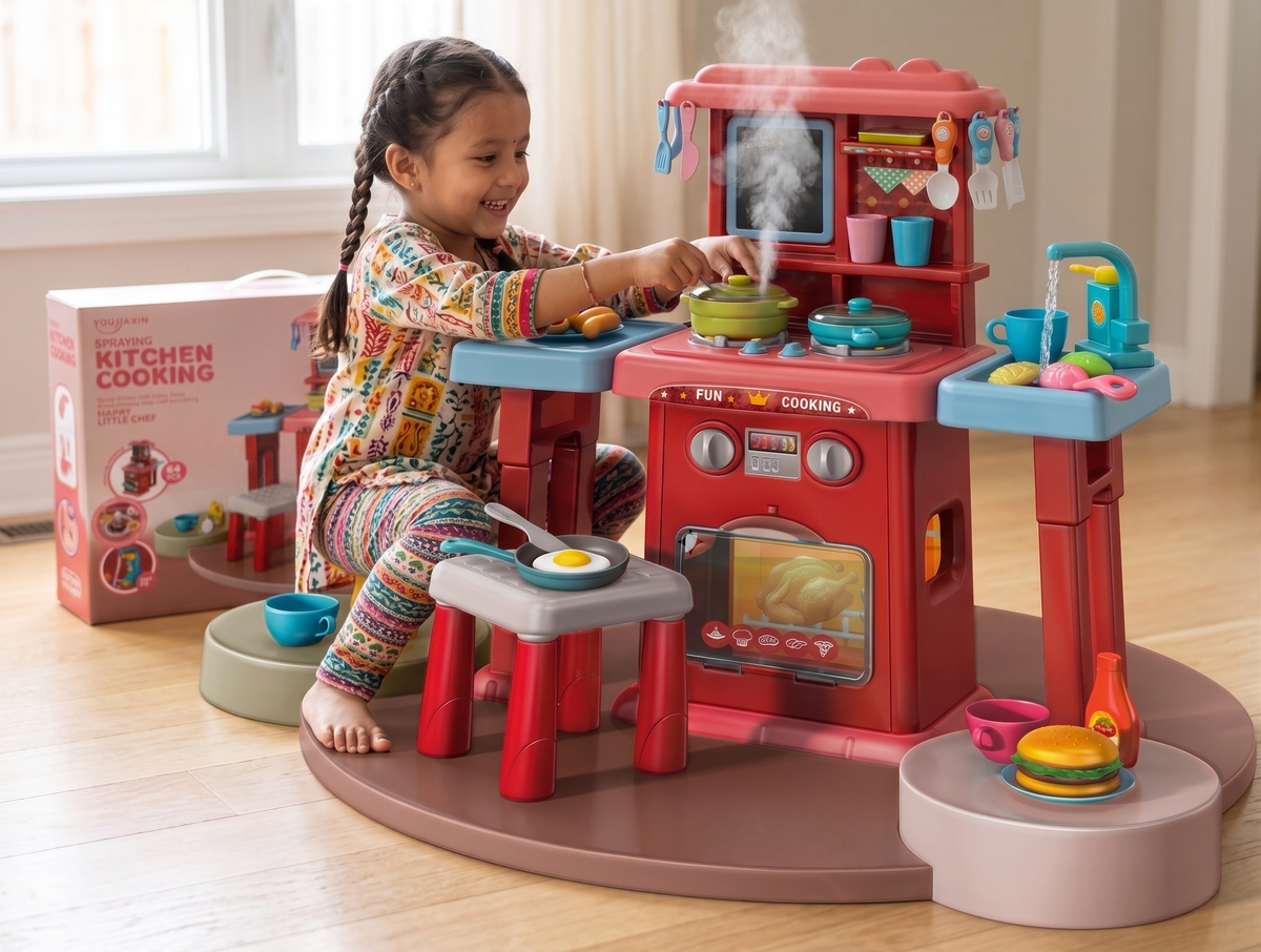 64 Pcs Kids Spraying Kitchen Cooking Set with Real Steam, Water Faucet & Chair – Pretend Play Toy for Children