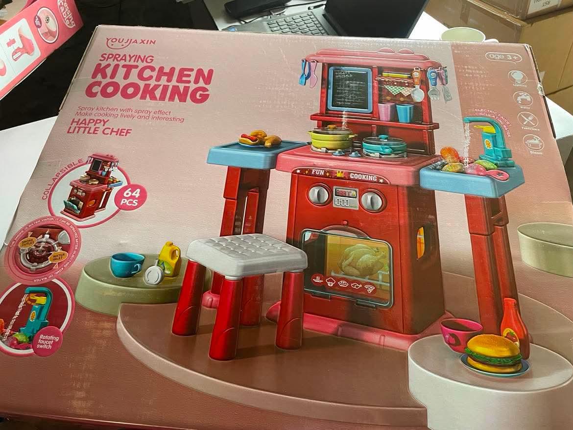 64 Pcs Kids Spraying Kitchen Cooking Set with Real Steam, Water Faucet & Chair – Pretend Play Toy for Children