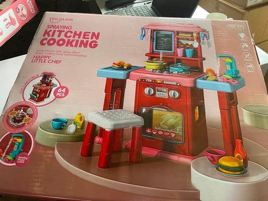 64 Pcs Kids Spraying Kitchen Cooking Set with Real Steam, Water Faucet & Chair – Pretend Play Toy for Children