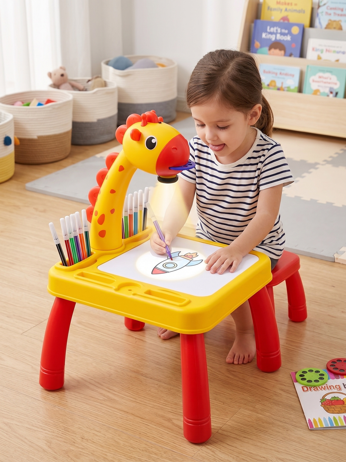 Kids Smart Giraffe Projector Drawing Table with Music & Lights – Educational Trace and Draw Art Painting Desk with 24 Patterns & 12 Pens